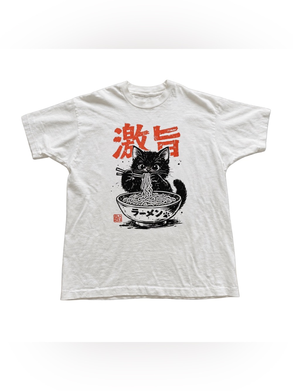 White Tee with Black Cat Ramen Graphic and Red Kanji